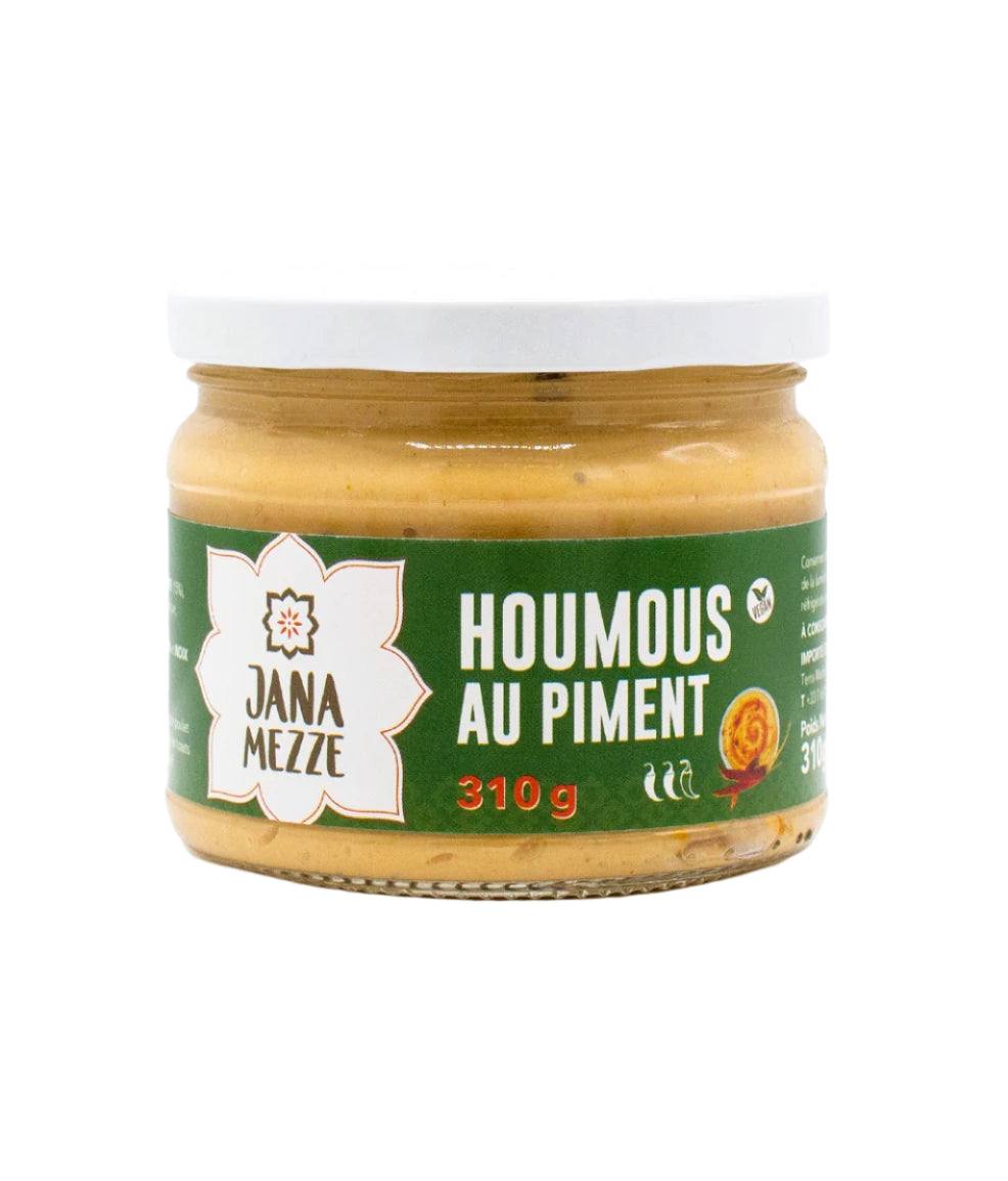 Jar of Jana Mezze pimento hummus on a white background