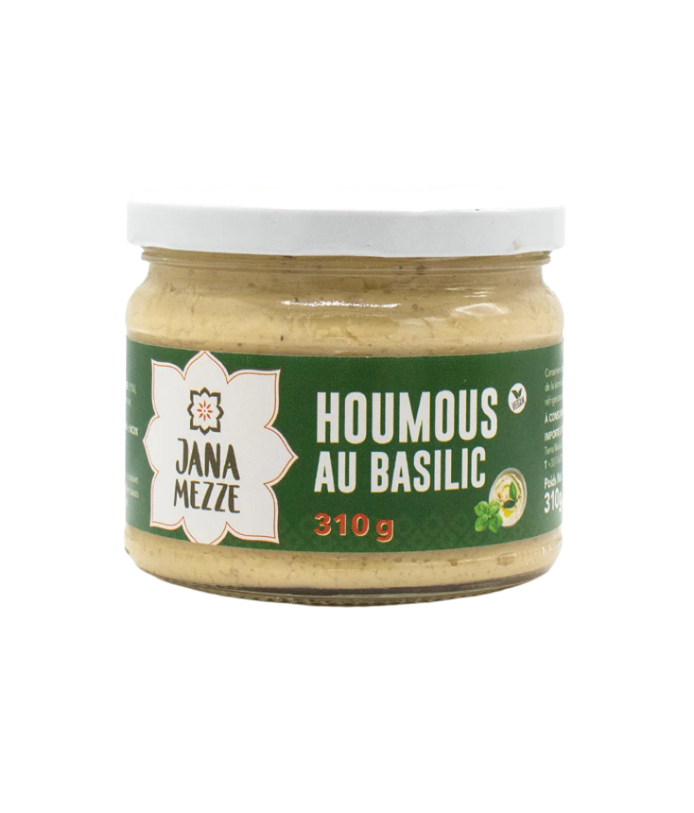 Jar of Jana Mezze Houmous Au Basilic on a white background