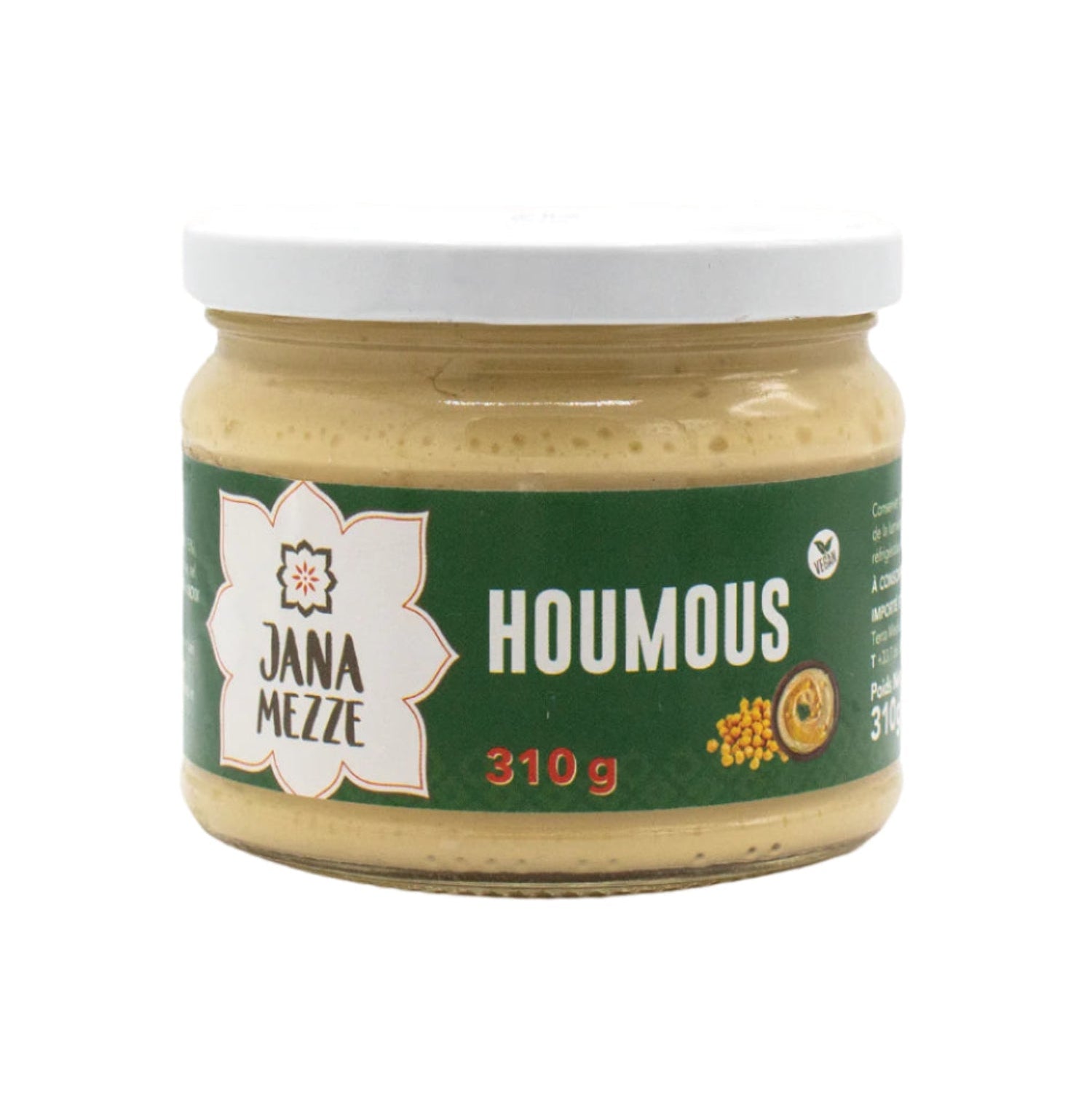 A jar of Jana Mezze hummus weighing 390 grams, with a white lid and a label displaying the brand name and product weight.