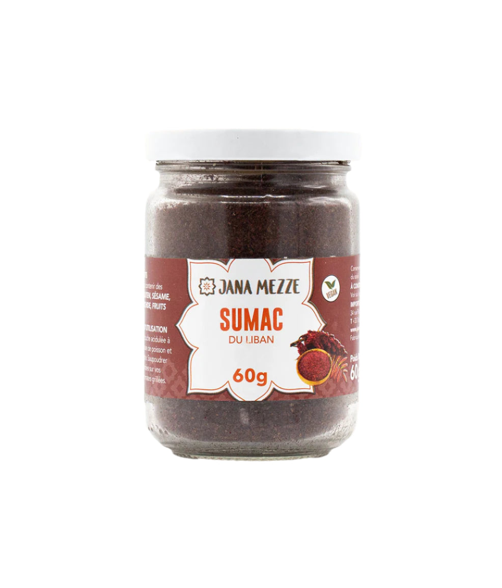 A jar of Jana Mezze Sumac, 60g, with a label showing the product name and a picture of sumac berries.