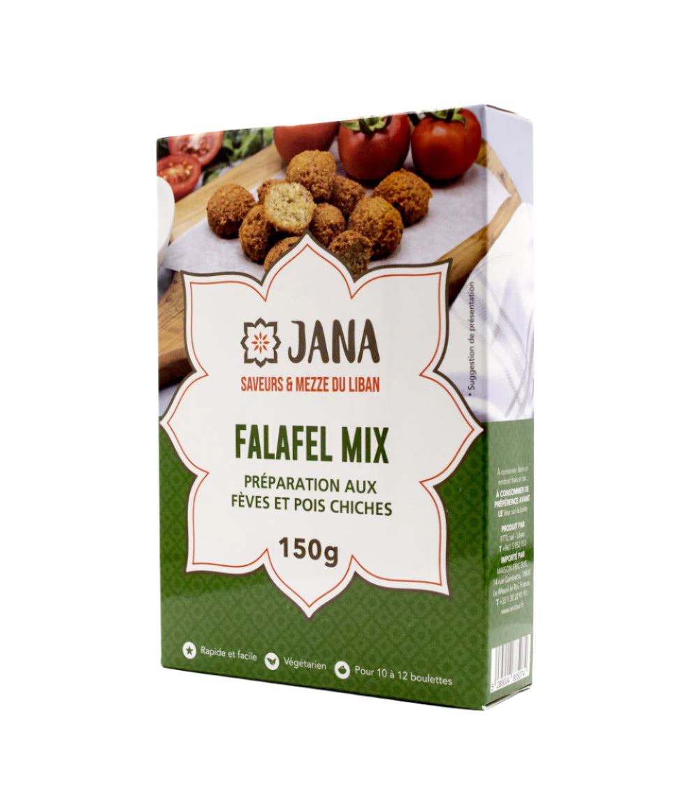 Packaging of Jana Mezze Falafel Mix with an image of prepared falafel on a wooden surface. The package indicates the product weight of 150g.